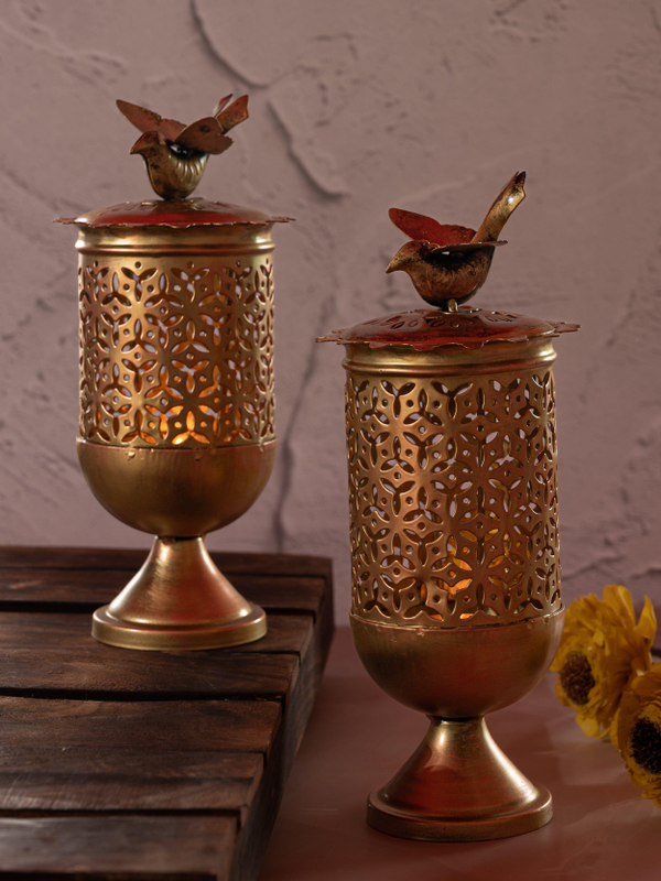 Metal Crafted Tea Light Candle Holder - Set of 2 | Elegant Gold T-Light Holders