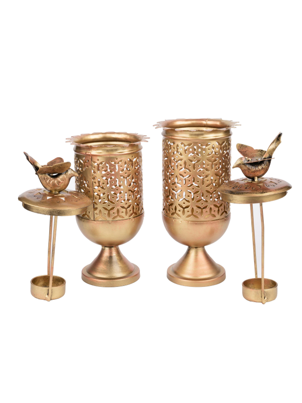 Metal Crafted Tea Light Candle Holder - Set of 2 | Elegant Gold T-Light Holders