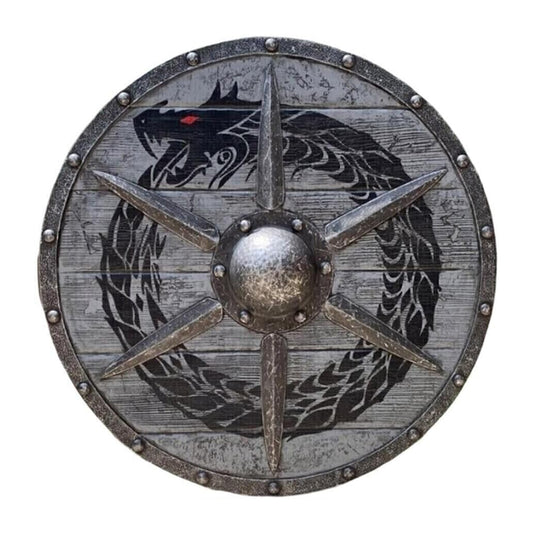 Ouroboros Battle Worn Viking Shield: 24-Inch Handmade Medieval Armor for LARP and Decor