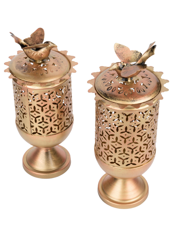 Metal Crafted Tea Light Candle Holder - Set of 2 | Elegant Gold T-Light Holders