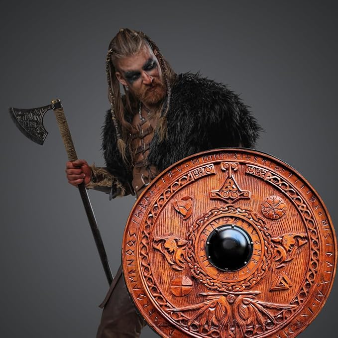 Medieval Vikings Era Full Adult Size Warrior Shield: Handmade Natural Wood Carved Battle Shield