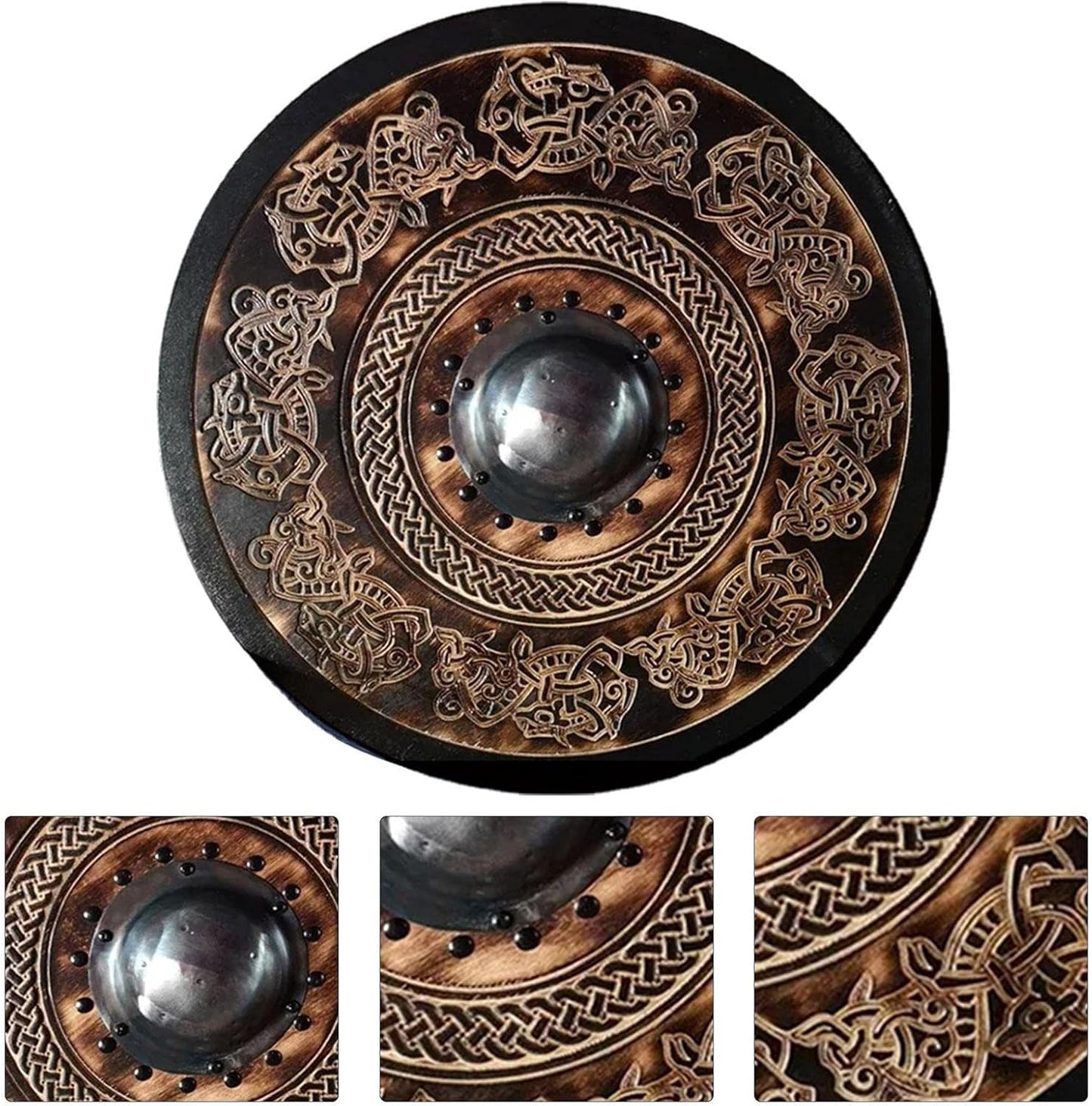 Handmade Viking Shield with Carved Jellinge Norse Drake Ornaments: 24-Inch Battleworn Shield