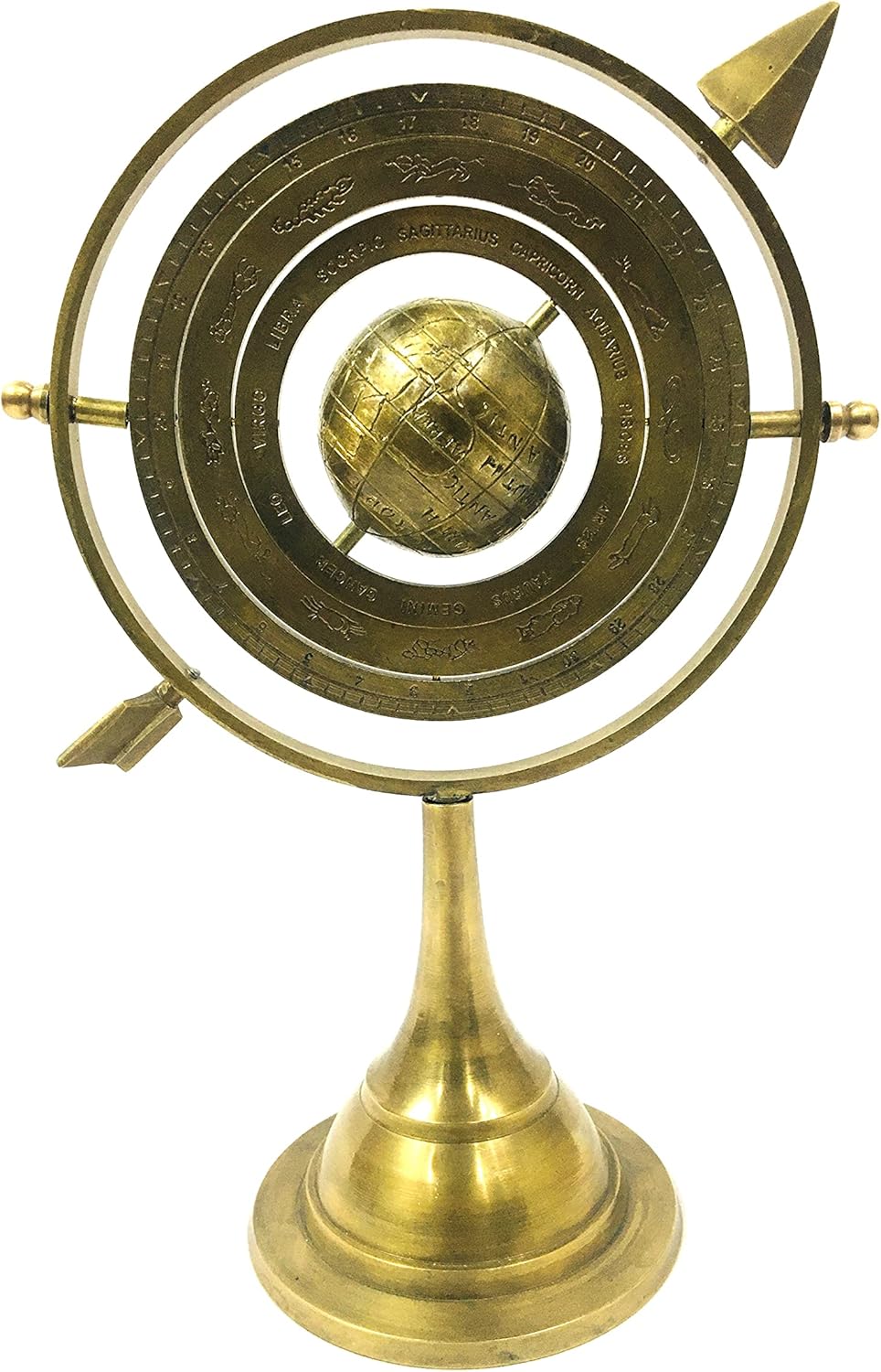 Antique Brass Armillary Sphere with Sundial Arrow - 10.5" Nautical Maritime Astrolabe Globe | Engraved Brass Decor