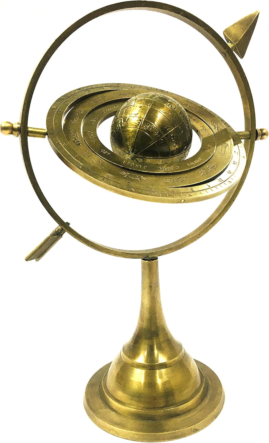 Antique Brass Armillary Sphere with Sundial Arrow - 10.5" Nautical Maritime Astrolabe Globe | Engraved Brass Decor