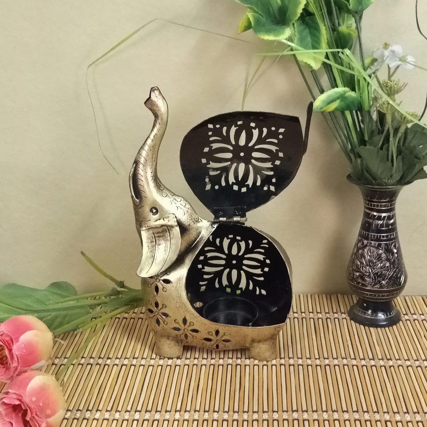 Tea Light Candle Holder & Incense Diffuser - Trunk Up Elephant Set of 2 | Antique Gold Finish