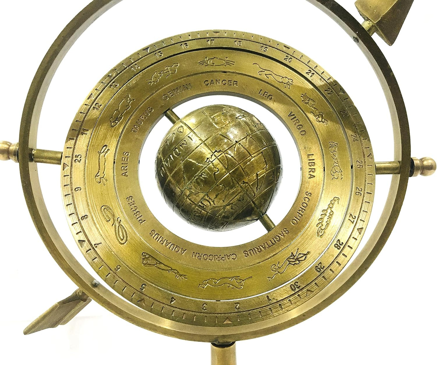 Antique Brass Armillary Sphere with Sundial Arrow - 10.5" Nautical Maritime Astrolabe Globe | Engraved Brass Decor