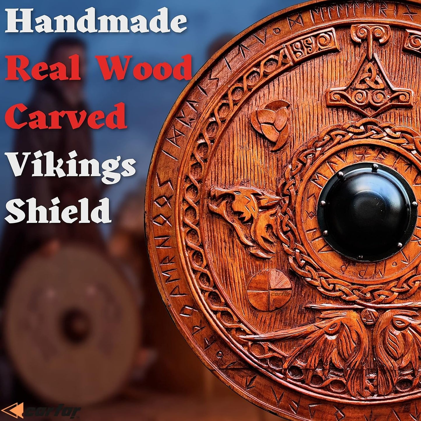 Medieval Vikings Era Full Adult Size Warrior Shield: Handmade Natural Wood Carved Battle Shield