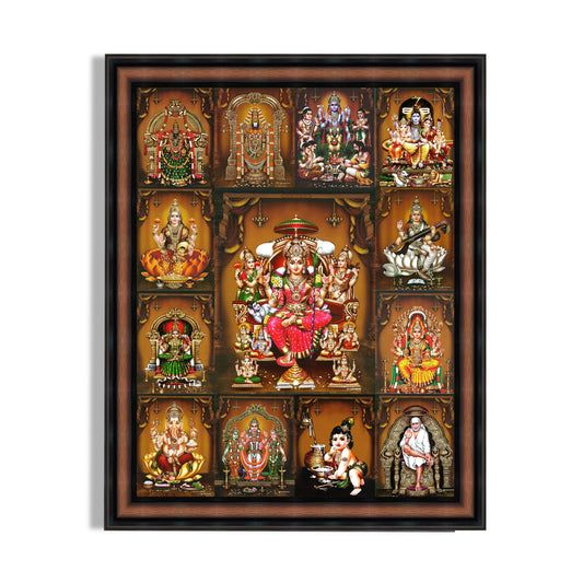 A large photo frame with 12+1 hindu god and goddess namely: Padmavati Devi, Perumal (Balaji), Satyanarayana Swamy, Shivan Family, Lakshmi, Saraswati, Kamatchi Amman, Samayapuram Mariamman, Rajarajeswari (Lalitha Devi), Ganesha, Murugan With Valli & Devyani, Butter Krishna & Saibaba.
