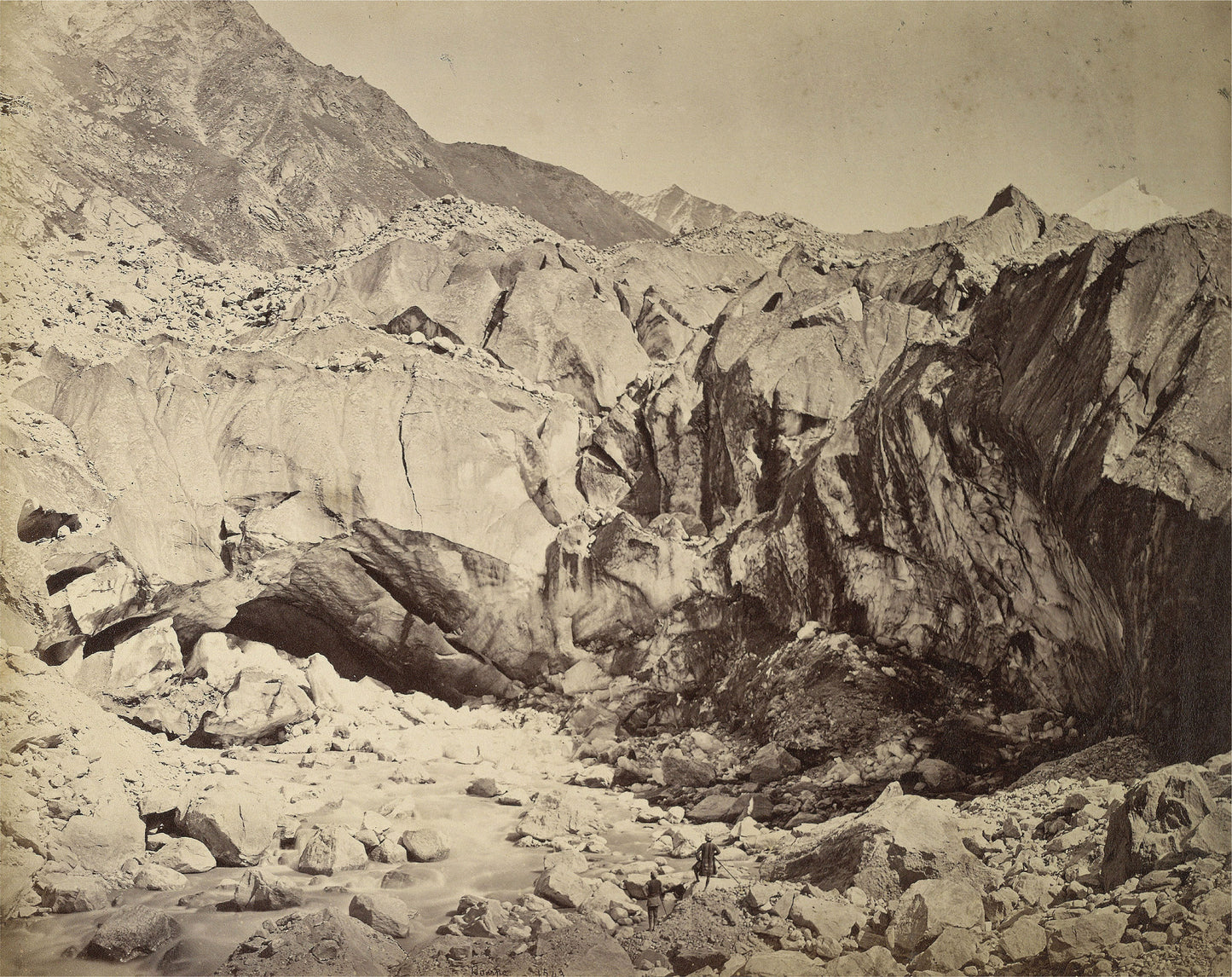 Bourne and Shepherd - Gomukh, the source of the Bhagirathi River and the terminus of the Gangotri Glacier in the Himalayas. (circa 1860)