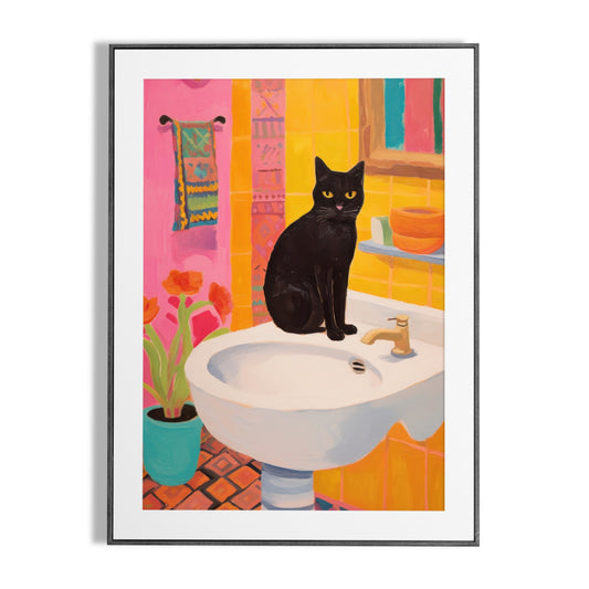 Black Cat in a Red Bathroom - Contemporary Animal Art Painting