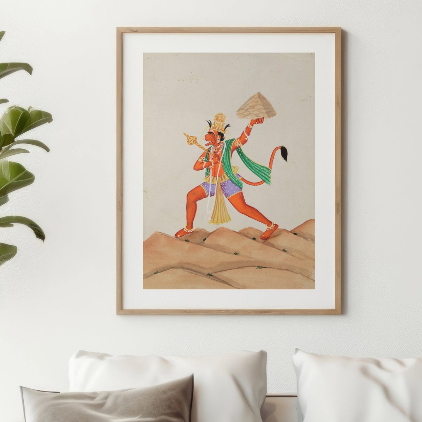 Hanuman lifting the mountain with Sanjeevani herb : Gouache Painting