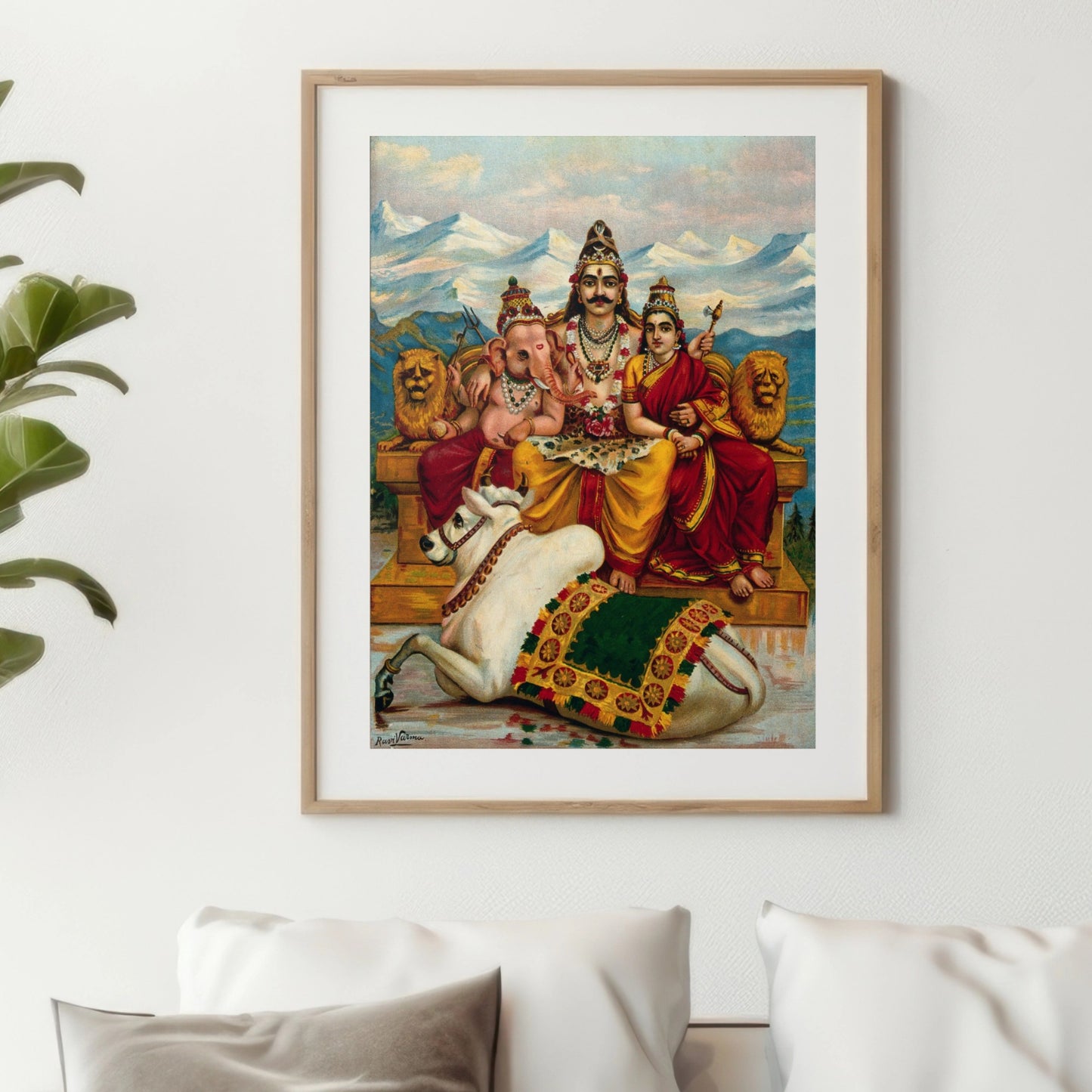 Shiva, Parvati and Ganesha enthroned on Mount Kailas with Nandi the bull. Chromolithograph by R. Varma.