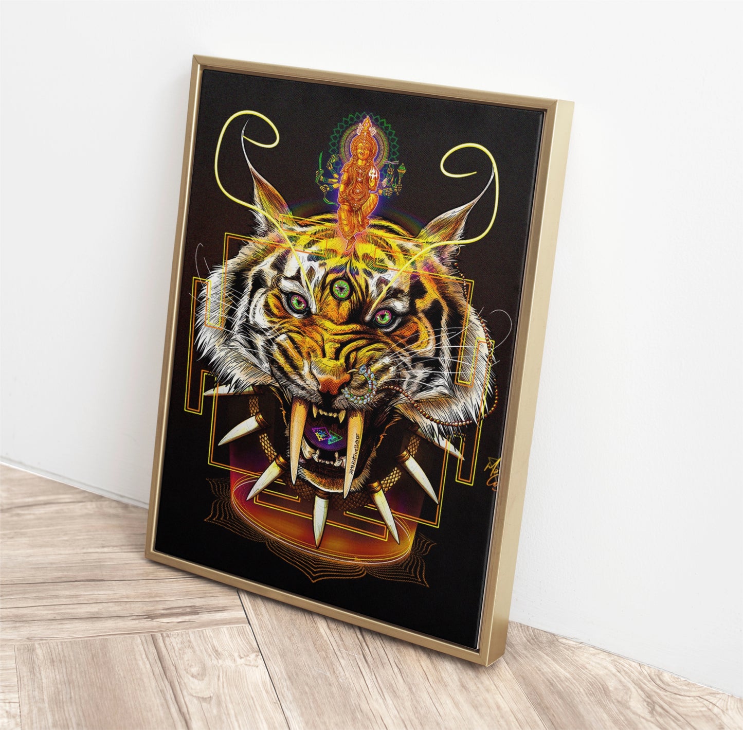 Fierce Divinity: Abstract Painting of Maa Durga with Tiger Face