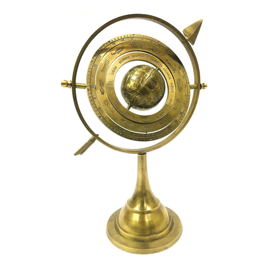 Antique Brass Armillary Sphere with Sundial Arrow - 10.5" Nautical Maritime Astrolabe Globe | Engraved Brass Decor