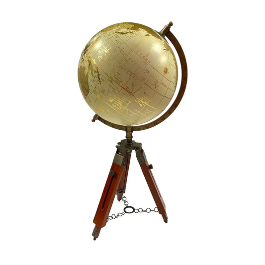 Golden World Map Globe with Wooden Tripod Stand - 12" Rotating HD Printed