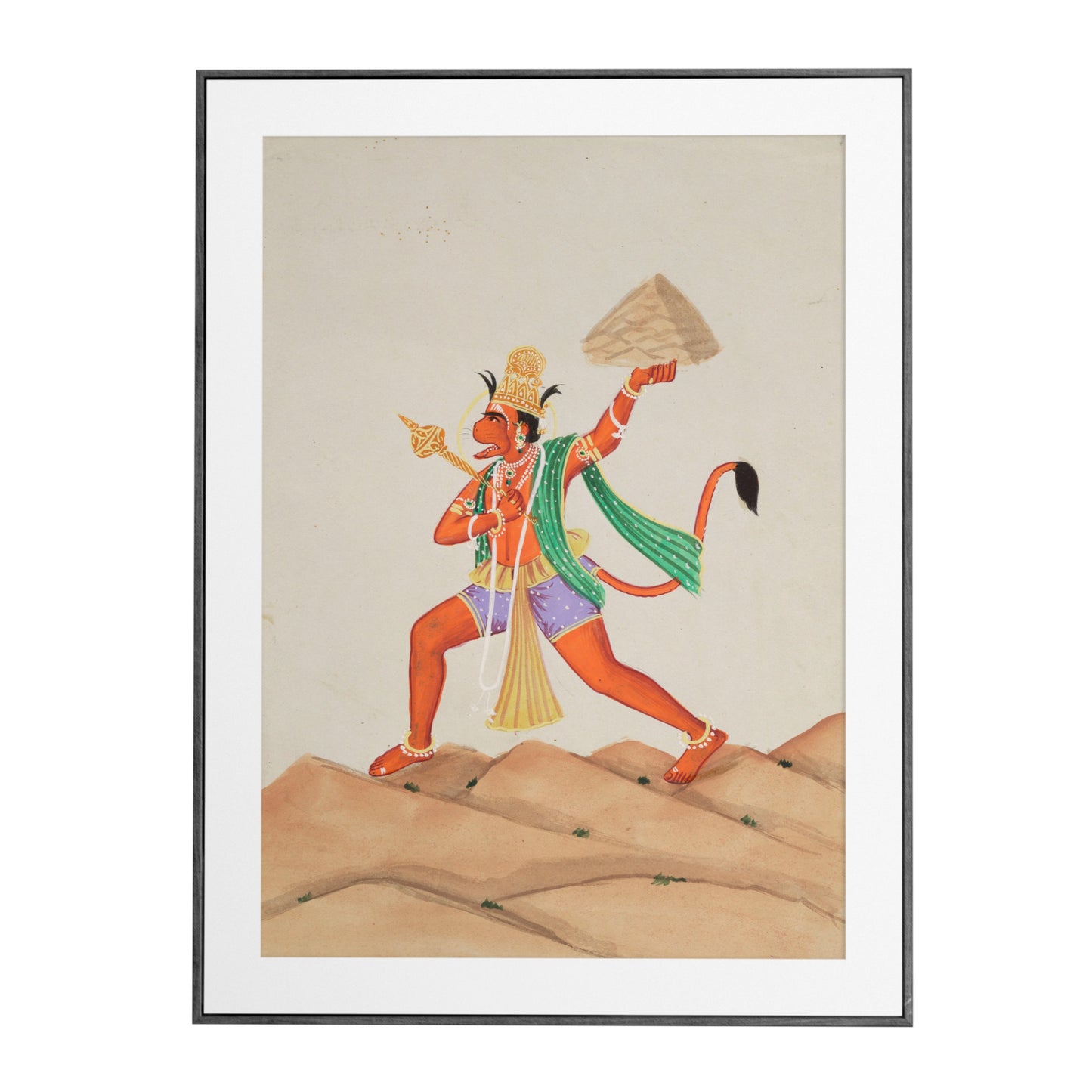 Hanuman lifting the mountain with Sanjeevani herb : Gouache Painting