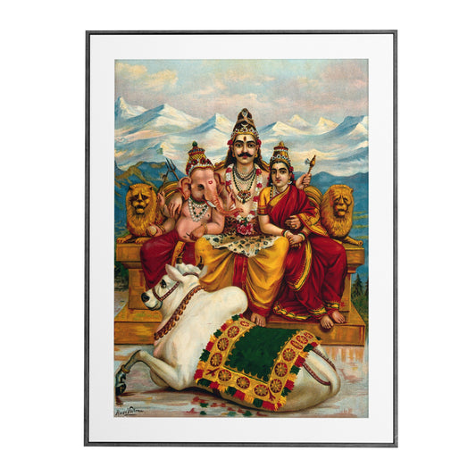 Shiva, Parvati and Ganesha enthroned on Mount Kailas with Nandi the bull. Chromolithograph by R. Varma.