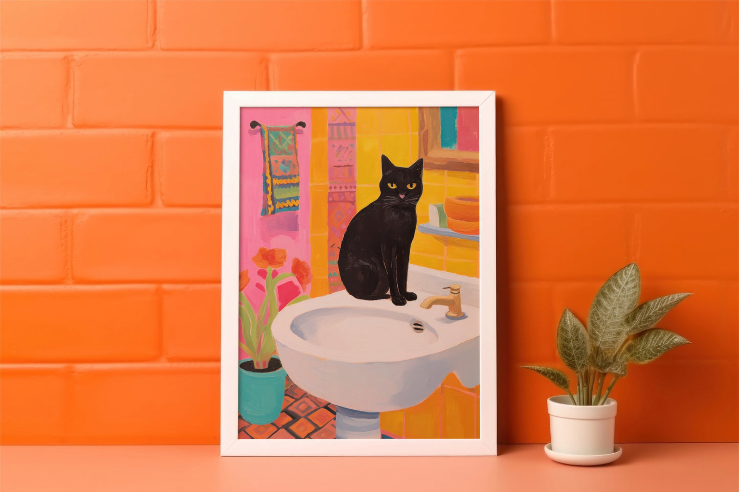 Black Cat in a Red Bathroom - Contemporary Animal Art Painting