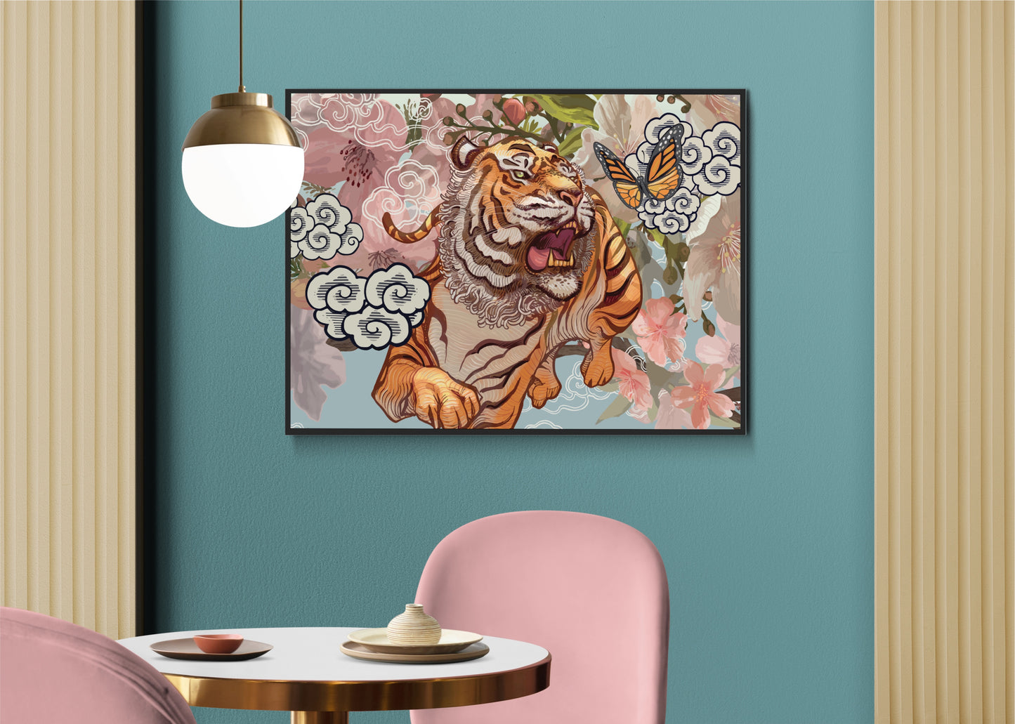 Tiger and Butterfly Amid Cherry Blossom Illustration