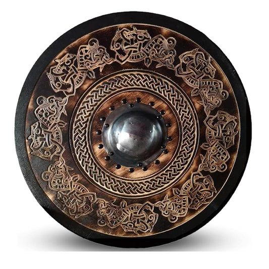 Handmade Viking Shield with Carved Jellinge Norse Drake Ornaments: 24-Inch Battleworn Shield