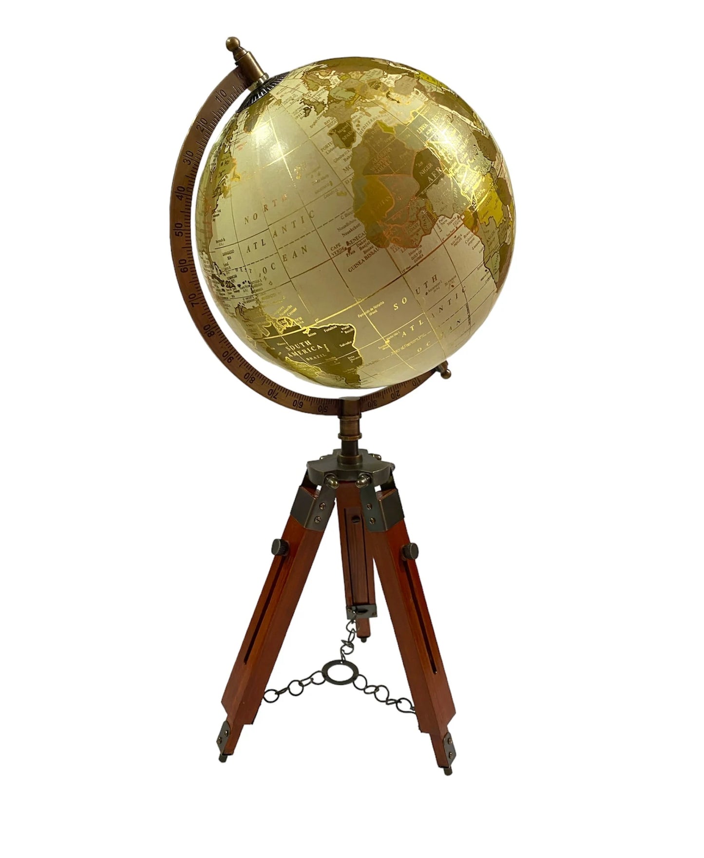 Golden World Map Globe with Wooden Tripod Stand - 12" Rotating HD Printed