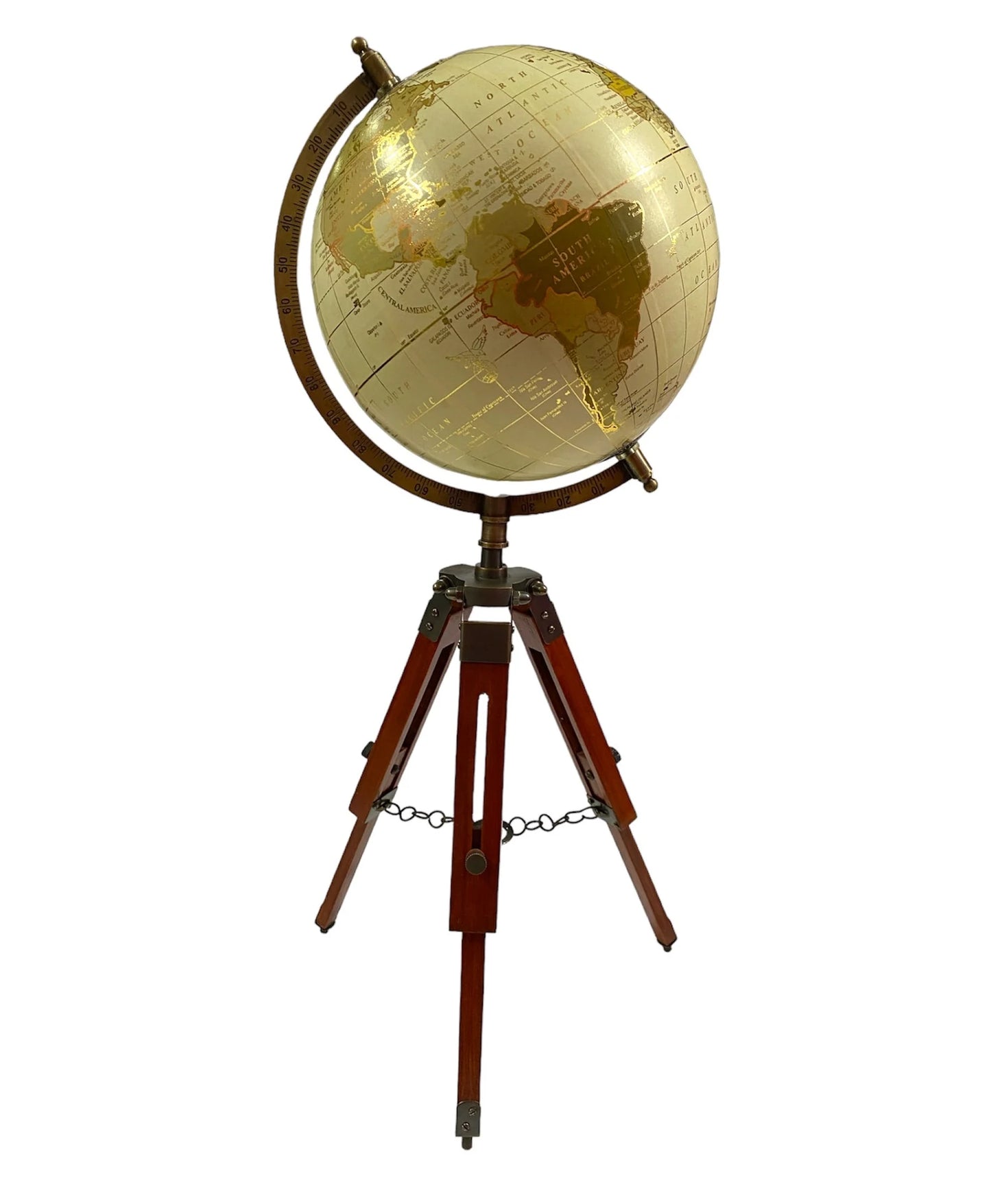 Golden World Map Globe with Wooden Tripod Stand - 12" Rotating HD Printed