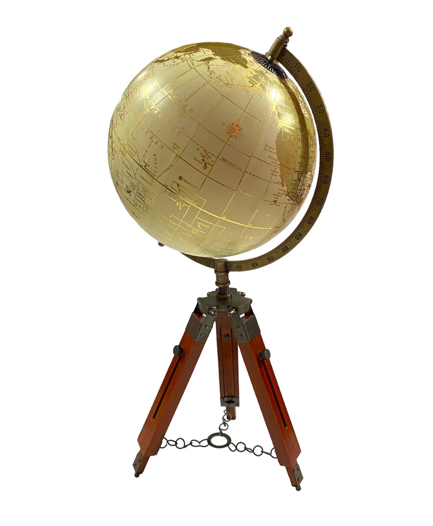 Golden World Map Globe with Wooden Tripod Stand - 12" Rotating HD Printed