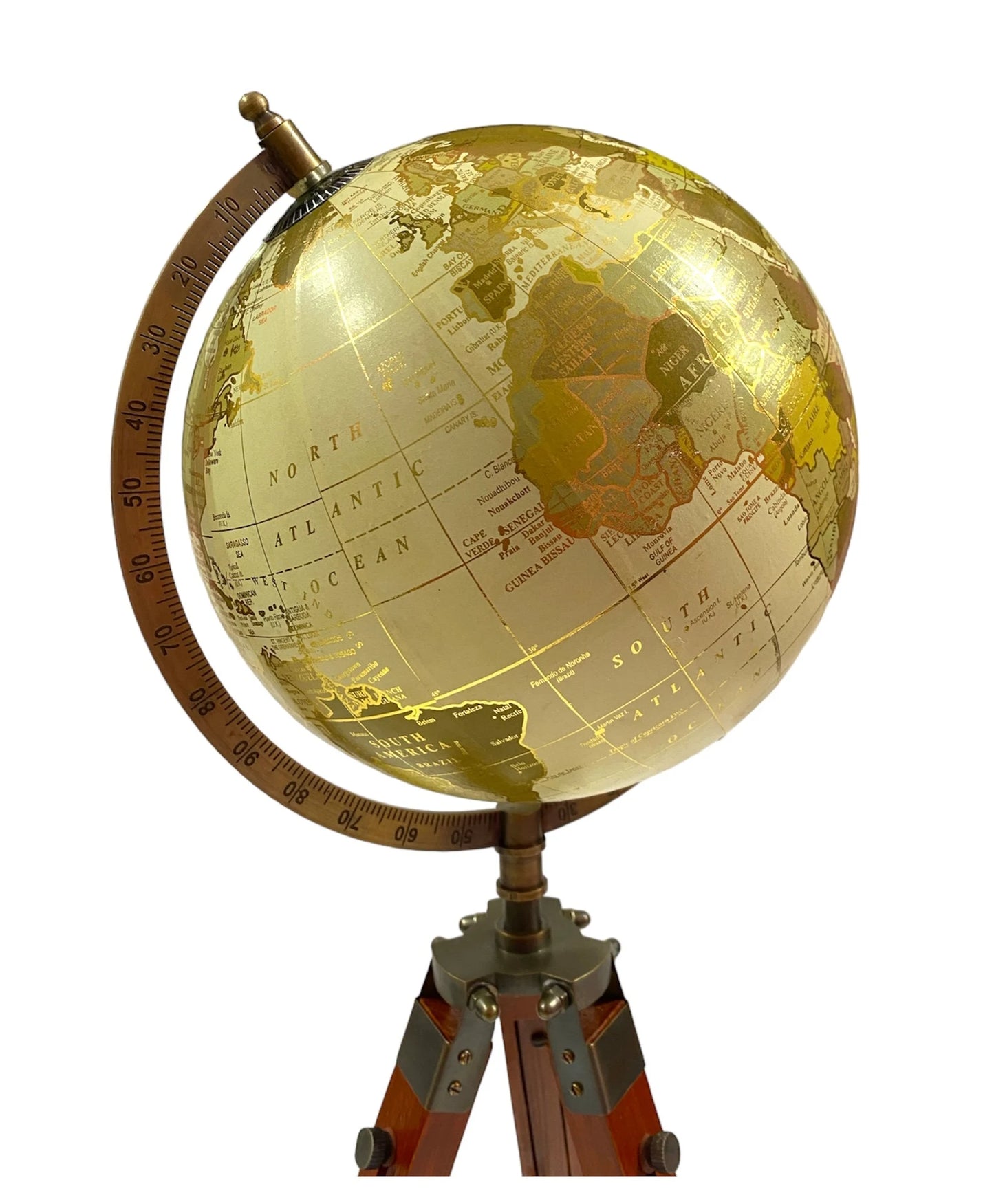 Golden World Map Globe with Wooden Tripod Stand - 12" Rotating HD Printed