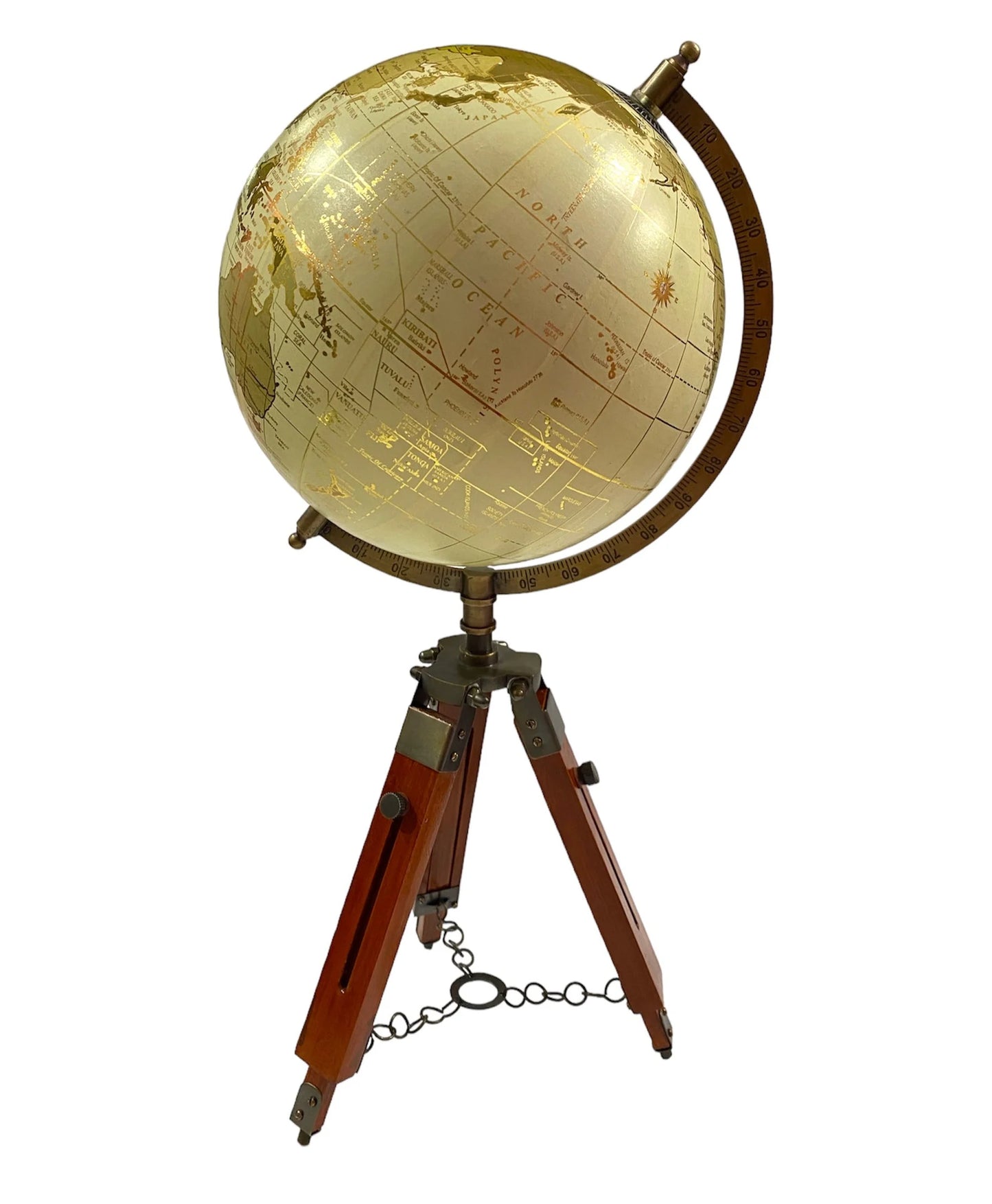 Golden World Map Globe with Wooden Tripod Stand - 12" Rotating HD Printed