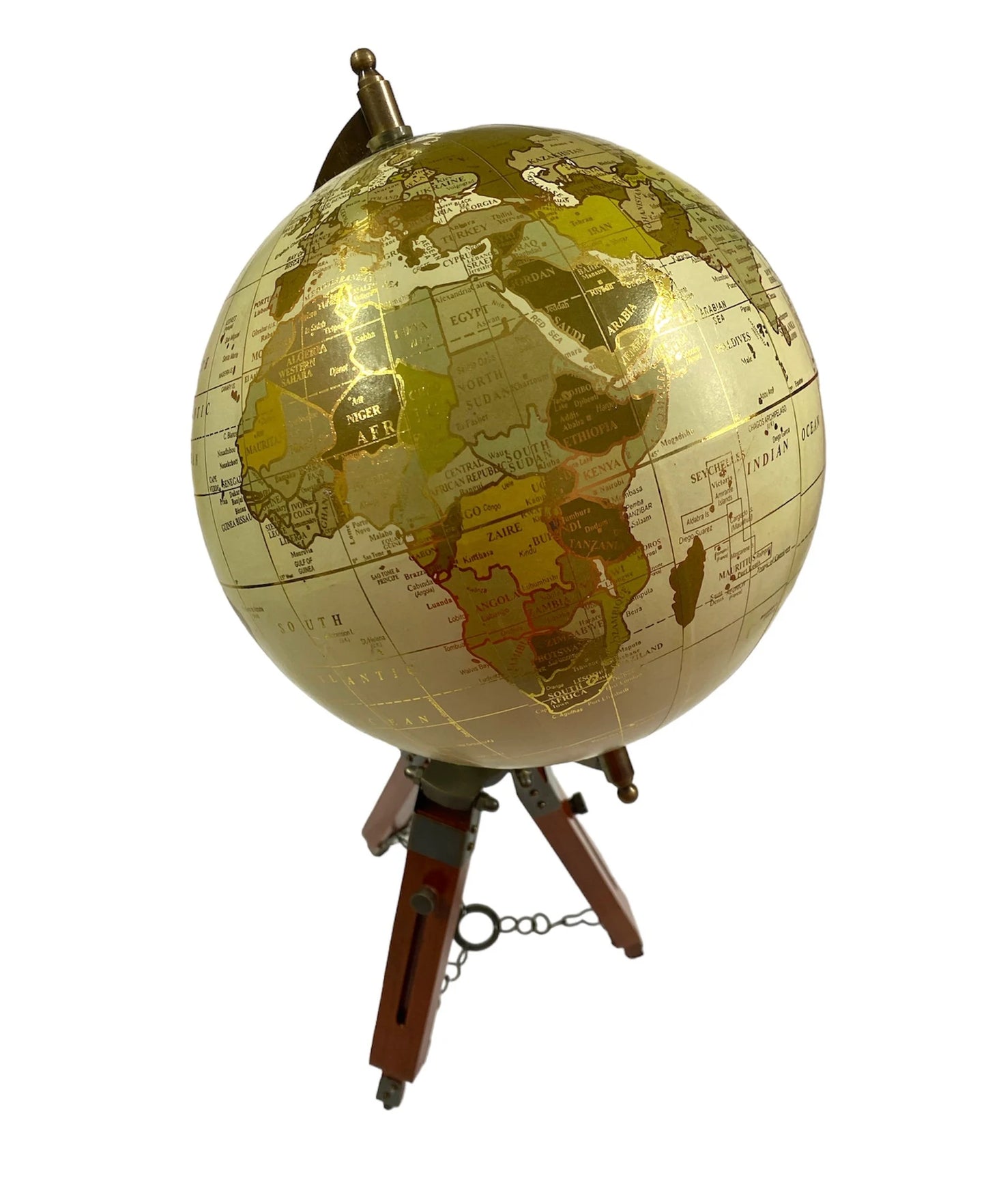 Golden World Map Globe with Wooden Tripod Stand - 12" Rotating HD Printed