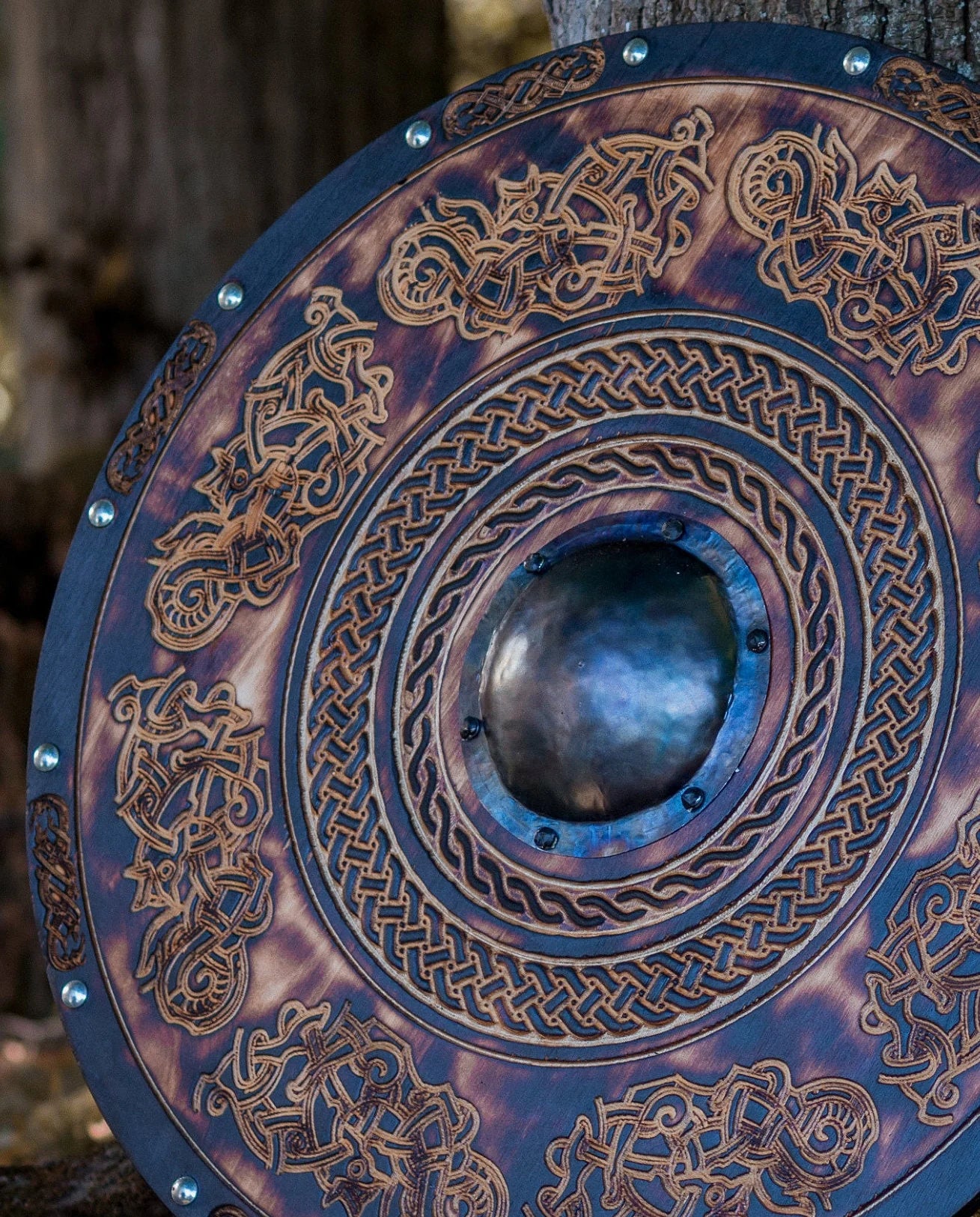 Handmade Viking Shield with Carved Jellinge Norse Drake Ornaments: 24-Inch Battleworn Shield