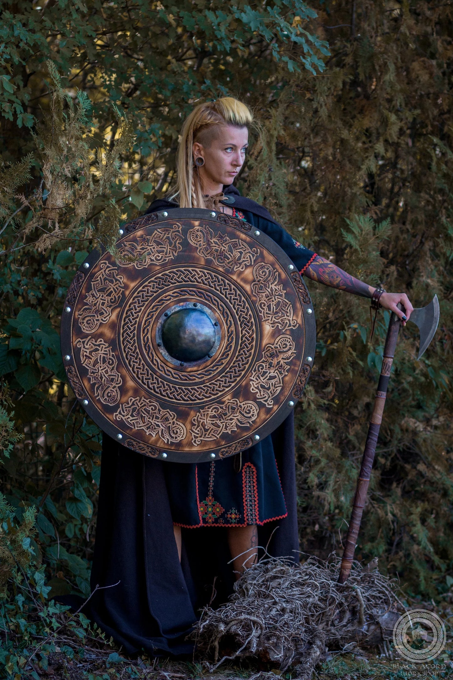 Handmade Viking Shield with Carved Jellinge Norse Drake Ornaments: 24-Inch Battleworn Shield