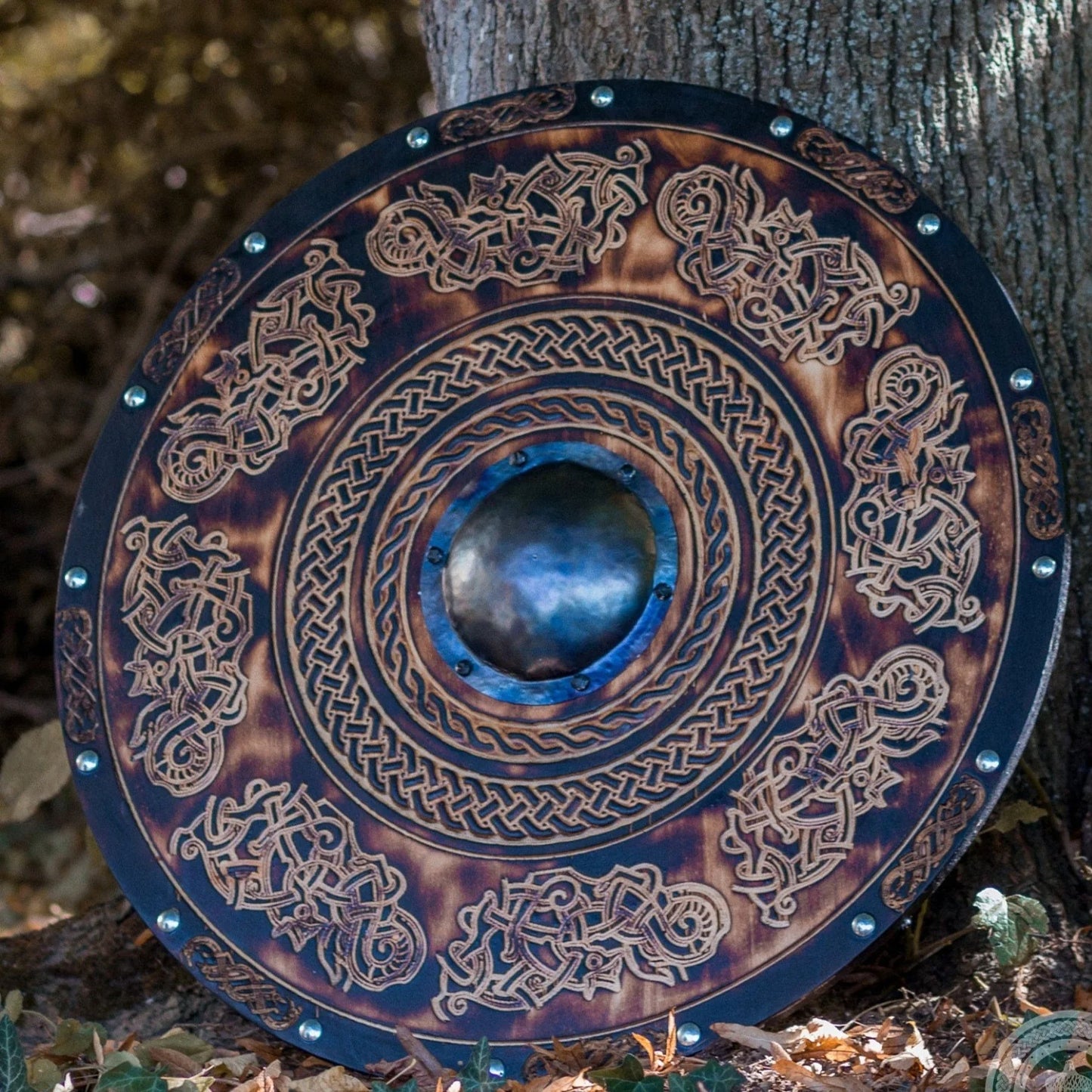 Handmade Viking Shield with Carved Jellinge Norse Drake Ornaments: 24-Inch Battleworn Shield