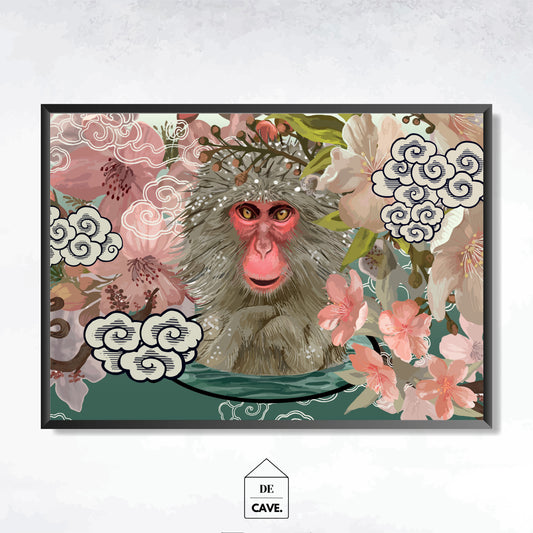 Japanese Macaques in an Onsen Amid Cherry Blossom Illustration