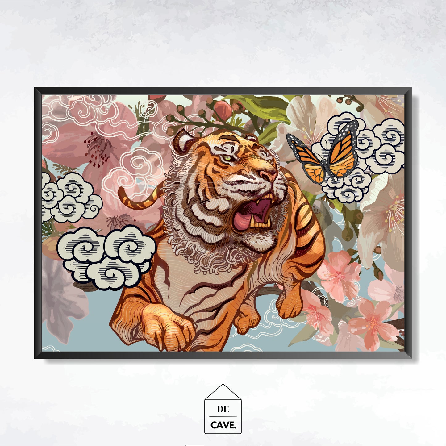 Tiger and Butterfly Amid Cherry Blossom Illustration