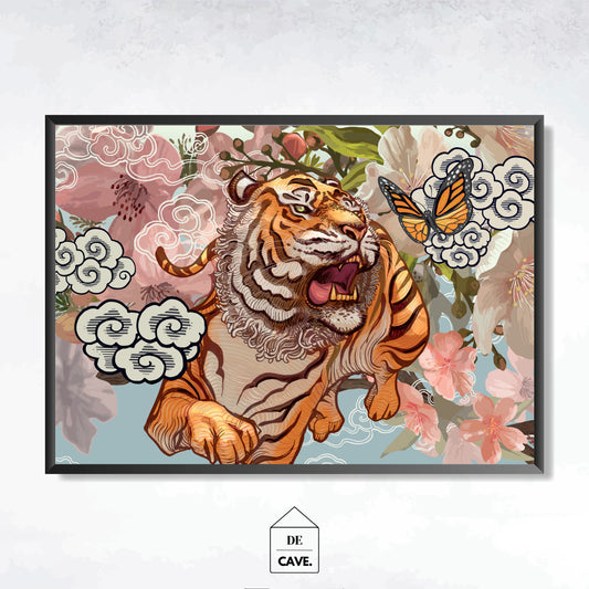 Tiger and Butterfly Amid Cherry Blossom Illustration